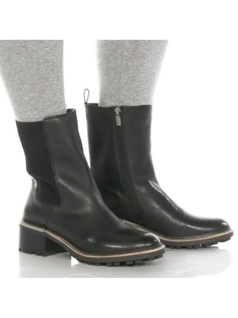 Vince Camuto Kourtly Black Leather Lug Sole Chelsea Chunky Block Heel Boot - NWT